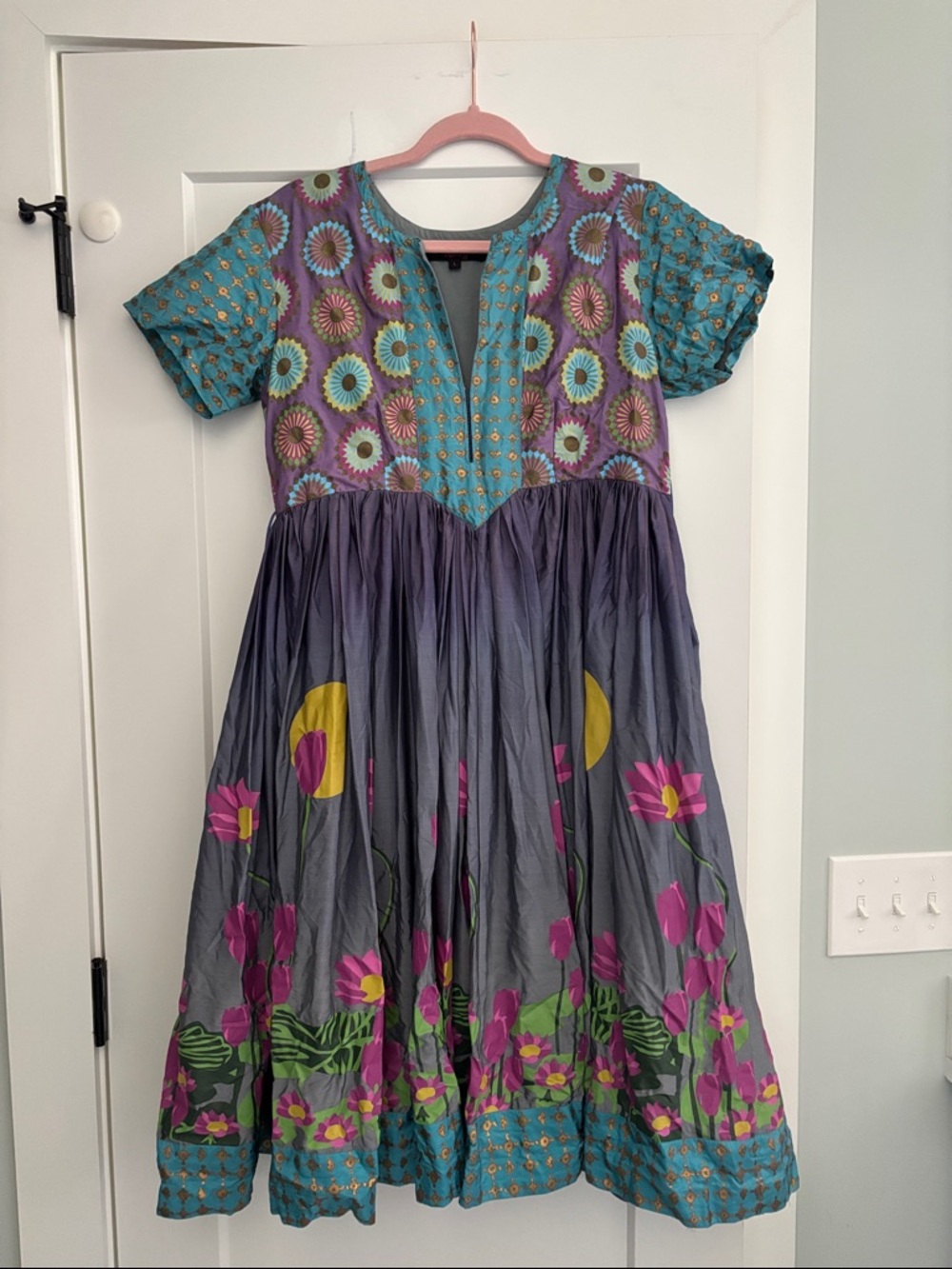 Vintage Anthropologie Fish Fry hand-painted silk boho Floral Midi Dress